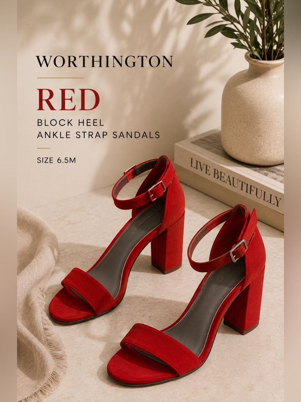Worthington Red Block Heel Ankle Strap Sandals Size 6.5M